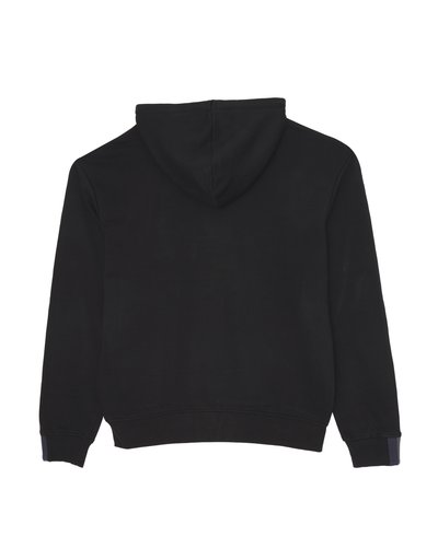 Felpa nera con una texture morbida, dotata di tasca a marsupio, polsini a costine e cappuccio foderato. Include dettagli a contrasto sulle maniche.
