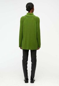 Groene geribbelde turtleneck trui met een relaxte pasvorm, voorzien van lange mouwen en een hoge halslijn, gecombineerd met zwarte strakke broeken en gepolijste schoenen.