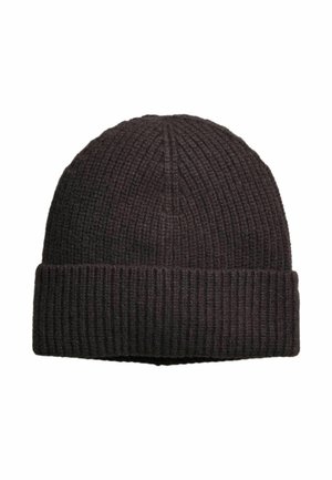 Schwarze gestrickte Mütze mit umgeschlagenem Bündchen und gerippter Struktur.