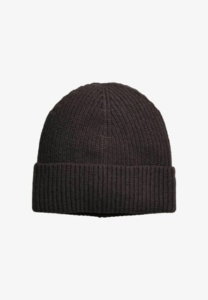 Schwarze gestrickte Mütze mit umgeschlagenem Bündchen und gerippter Struktur.