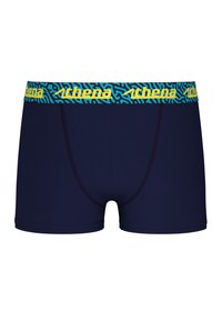 Boxers bleu marine avec une ceinture élastique à motif arborant "Athena" en jaune et bleu. Texture lisse et design ajusté.