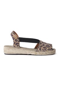 Leopard print sandal featuring a woven jute sole, elastic black strap, and open toe design. Lightweight with a natural texture.