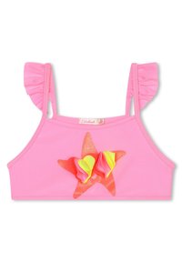 Rosa badebluse med volanger på stroppene, dekorert med en skinnende orange stjerneform og lagdelte tekstildetaljer i rosa, gult og oransje i midten.