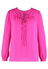 Blouse fuchsia à manches longues avec un col arrondi et un détail noué en forme de goutte. Épaules froncées et poignets élastiques. Texture de tissu lisse.