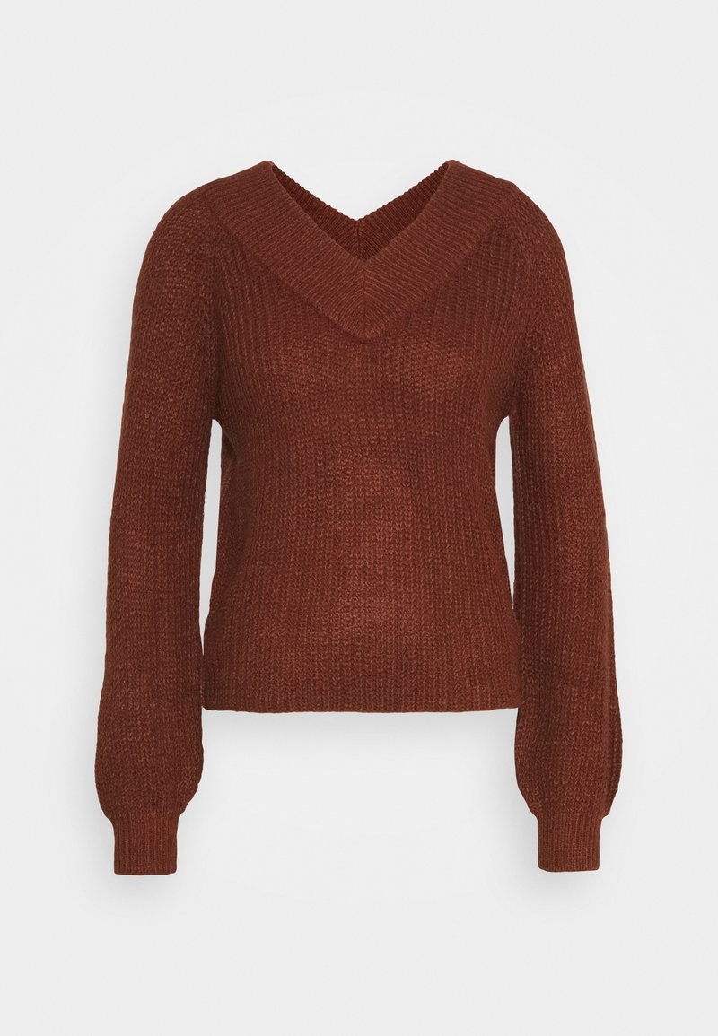 Pull en maille marron avec encolure en V et manches longues bouffantes, poignets et ourlet côtelés, présenté sur un fond blanc uni.