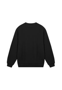 Schwarzer Sweatshirt mit Rundhalsausschnitt, langen Ärmeln und gerippten Bündchen. Glatte Textur und schlichtes Design, ohne sichtbare Logos oder Muster.
