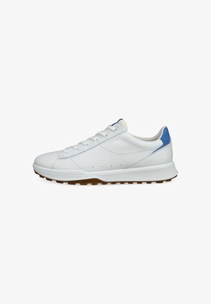 Weißer Ledersneaker mit blauem Akzent an der Ferse, flachen Schnürsenkeln und Gummisohle. Minimalistisches Design mit seitlichen Perforationen für Atmungsaktivität.