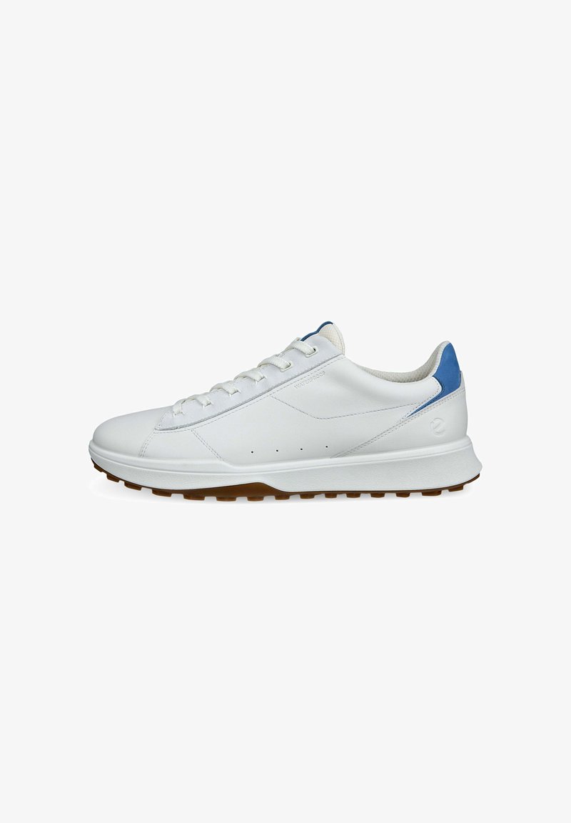 Sneaker in pelle bianca con accento blu sul tallone, lacci piatti e suola in gomma. Presenta un design minimale con perforazioni laterali per la traspirabilità.