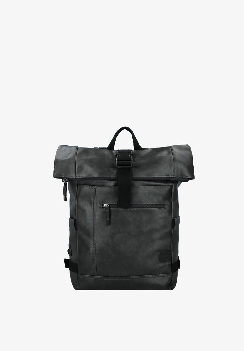 Zaino roll-top nero realizzato in materiale sintetico testurizzato. Dotato di spallacci regolabili, una tasca anteriore con zip e una maniglia superiore.
