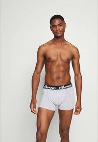 Sivé boxer šortky s čiernym pásom, na ktorom je biele logo "ellesse". Mäkká tkanina, priliehavý dizajn, štandardná dĺžka a elastický materiál.