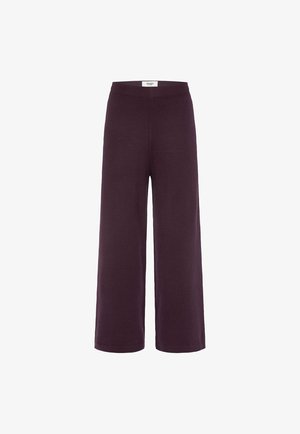 Pflaumenfarbene weite Hosen mit einem dehnbaren Bund, aus weichem Stoff gefertigt. Sie haben eine einfarbige Gestaltung ohne sichtbare Muster oder Verzierungen.