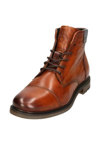 Braune Leder-Ankle-Boots mit glänzender Oberfläche, runder Zehenform und Schnürdesign. Verfügt über strukturierte Akzente und einen niedrigen Absatz.
