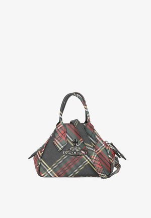 Borsa nera con motivo a quadri rossi e verdi, due manici superiori, tracolla regolabile e dettaglio logo in metallo sulla parte anteriore.