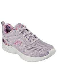 Scarpa sportiva di colore viola chiaro con tomaia in rete, dettagli rosa e motivo floreale all'interno. Suola bianca con un design texturizzato e logo sul lato.