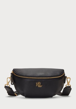 Black leather fanny pack with a curved shape, gold zip closure, and branded logo. Features an adjustable strap and smooth texture.