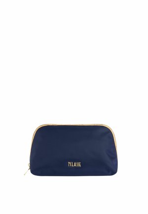 Bustina rettangolare blu navy con zip e bordatura dorata, con logo dorato "T CLASSE" al centro sul davanti.