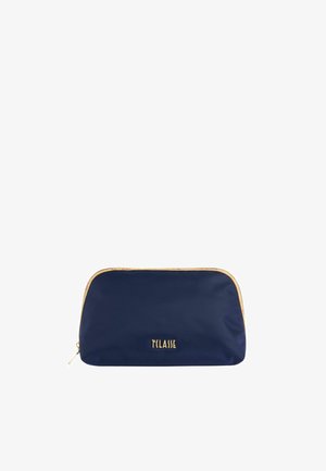 Bustina rettangolare blu navy con zip e bordatura dorata, con logo dorato "T CLASSE" al centro sul davanti.