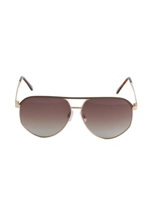 Aviator-stil solbriller med guld metalramme og brune gradientlinser, med buede stangender med mørkebrune ender.