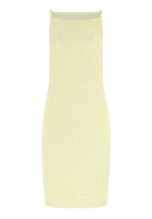 Mouwloze, lichtgele, gebreide midi-jurk met een rechte halslijn en een aansluitend silhouet.