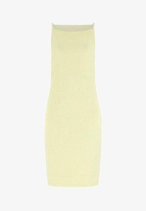 Mouwloze, lichtgele, gebreide midi-jurk met een rechte halslijn en een aansluitend silhouet.