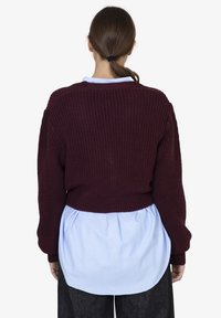 Maglione lavorato a maglia borgogna con un design corto, maniche lunghe e polsini a coste, indossato sopra una camicia azzurro chiaro con orlo curvo.