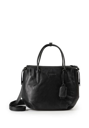 Borsa a mano in pelle nera con due manici, tracolla staccabile e piccola pochette attaccata su sfondo bianco.