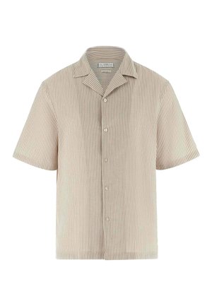 Camicia beige a maniche corte con bottoni e sottili righe nere verticali e colletto alla coreana.