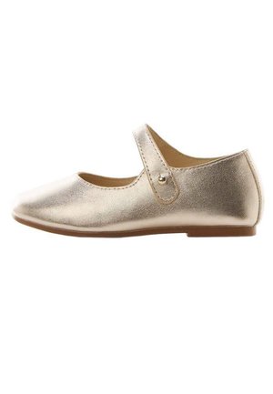 Metallic goldfarbener Mary Jane Ballerina mit rund zulaufender Spitze, einem einzelnen Riemen und einem kleinen Metallknopf am Riemen.