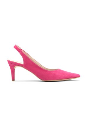 Tacchi a blocco in suede rosa con punta affilata e altezza di 2,5 pollici. Presenta un design ritagliato per traspirabilità e stile.