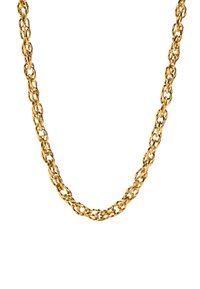Złoty naszyjnik łańcuszkowy z przeplatającymi się ogniwami, o fakturowanej powierzchni. Każde ogniwo jest zaokrąglone, tworząc gładki, ciągły wzór.