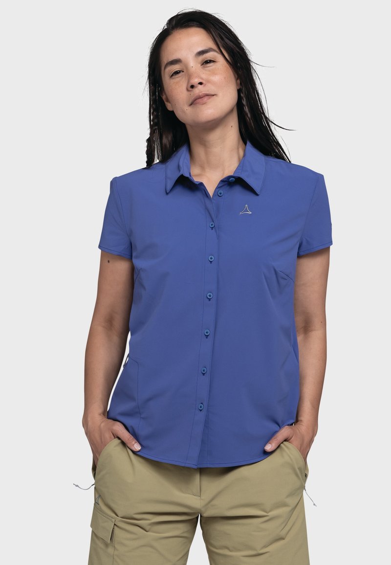Short-sleeve, blue button-up shirt with a collar, featuring a small logo on the chest and a smooth, lightweight fabric.