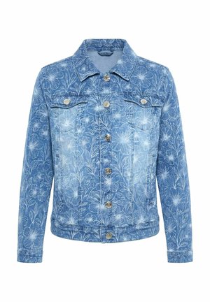 Sininen farkkutakki, jossa valkoinen kukkakuosi, metalliset edestä napitettavat napit, kaksi rintataskua ja pitkät hihat.