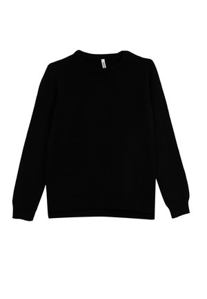 Jersey negro de manga larga con cuello redondo, puños y dobladillo acanalados, presentado sobre una superficie plana con fondo blanco.