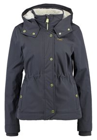 Granatowa kurtka z przodu na zamek, podwójnym kołnierzem na zatrzaski i miękką białą podszewką z polaru. Posiada elastyczny pas i boczne kieszenie.