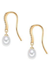 Zlaté náušnice s zakriveným háčikom, ktoré majú perlový kvapkový detail a malé číre kamienky pozdĺž horného zakrivenia pre efekt.