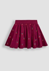 Bordeauxroter Baumwollrock mit besticktem Kirschdesign, gerafftem Saum und elastischem Bund für Komfort. Geeignet für die Freizeit.