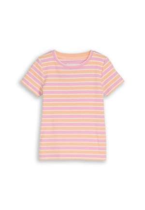 Kort mouw rib T-shirt met horizontale strepen in pastelroze, perzik en wit, voorzien van een ronde halslijn.