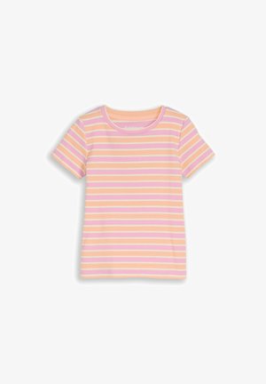 Kurzärmliges, geripptes T-Shirt mit horizontalen Streifen in Pastellrosa, Pfirsich und Weiß, mit rundem Ausschnitt.