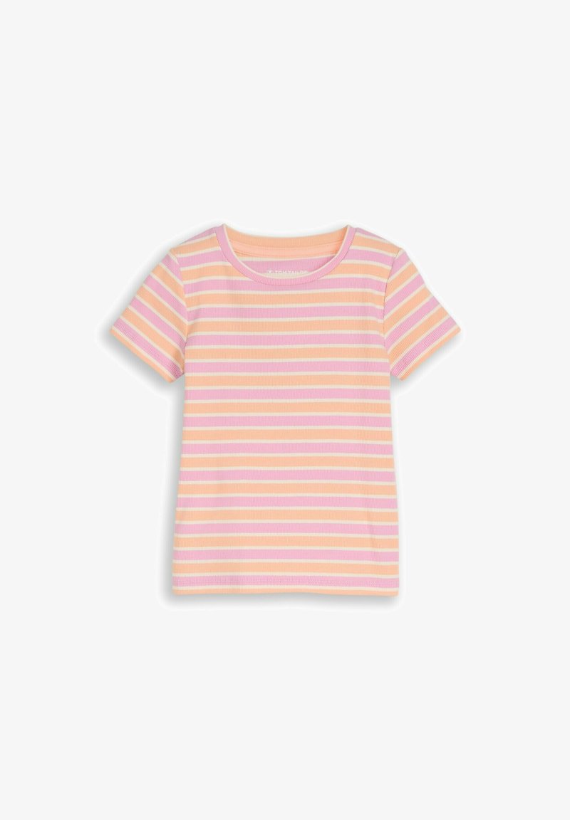 Krótki rękaw, prążkowany T-shirt z poziomymi paskami w pastelowym różowym, brzoskwiniowym i białym kolorze, z okrągłym dekoltem.