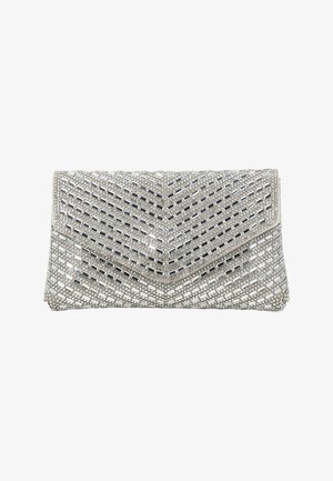 Négyszögletes ezüst borítéktáska elején halszálka mintás kis és téglalap alakú tükröződő gyöngyökkel.