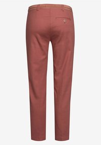 Brown, tailored trousers with a straight cut, featuring a tan waistband, back pocket, and a metallic button detail. Smooth fabric texture.
