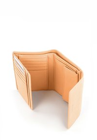 Tan leather wallet with a textured surface, featuring multiple card slots and a spacious interior for bills and coins.