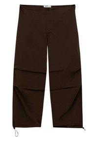 Bruine wijde broek gemaakt van soepel stof, met een trekkoord aan de zoom en subtiele plooien voor extra textuur en volume.