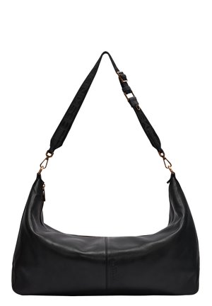 Sac à épaule en cuir noir avec une bandoulière large en tissu réglable, des finitions dorées et une fermeture éclair sur le dessus.