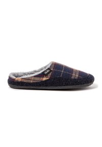 Zapatilla de cuadros en azul marino y beige con un suave forro gris, forma curva y suela oscura texturizada. Diseñada para la comodidad en interiores.