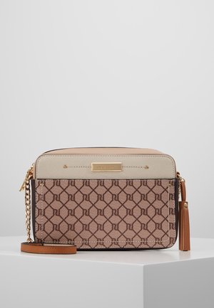 Brown patterned crossbody bag with beige top section, gold-tone chain strap, and tassel zipper pull, displayed on white surface.