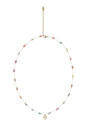 Delikatny złoty naszyjnik z małymi pastelowymi klastrami kamieni szlachetnych oraz okrągłą złotą zawieszką z motywem drzewa. Zapięcie regulowane.