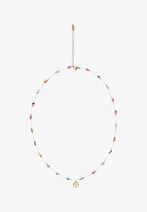 Delikatny złoty naszyjnik z małymi pastelowymi klastrami kamieni szlachetnych oraz okrągłą złotą zawieszką z motywem drzewa. Zapięcie regulowane.