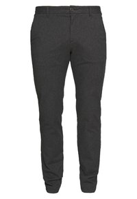 Tmavě šedé slim fit kalhoty s poutky na pásek, zapínáním na knoflík a zip, předními kapsami a jemnou vertikální texturou.