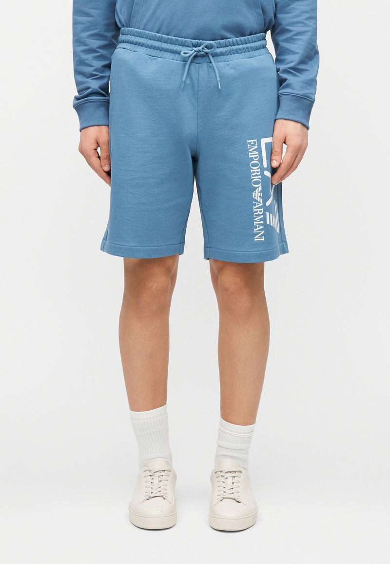 Ljusblå bomullsshorts med resårlinning och dragsko. Har en vit tryckt logotyp på vänster ben. Mjuk textur.